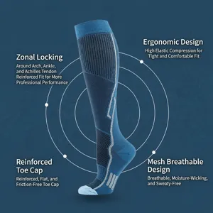 Detail view of blue compression socks with ergonomic zones and reinforced toe.