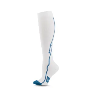 Close-up detail of white outdoor cycling compression socks with blue athletic patterns