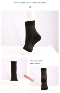 Side, front and back views of a black compression ankle sleeve with copper support weave.