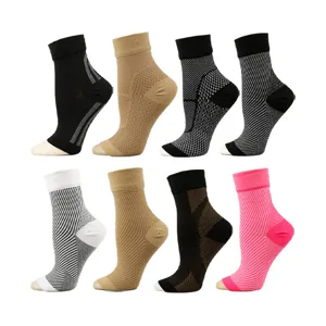Set of eight 240N sports compression foot sleeves in various patterns and vibrant colors.