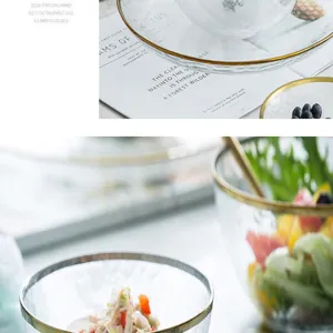 Detailed close-up of the gold rim and textured glass of the Japanese style glass salad bowl