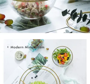 Detailed view of Japanese style gold-rimmed transparent glass bowl for salad and fruit