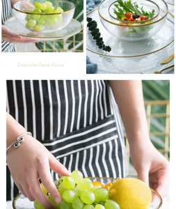 Detailed view of hammered glass bowl with gold rim and fresh fruits inside