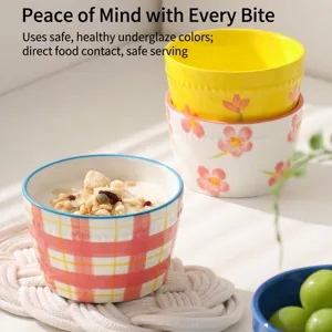 Cute Japanese style ceramic dessert bowl set with floral and plaid patterns