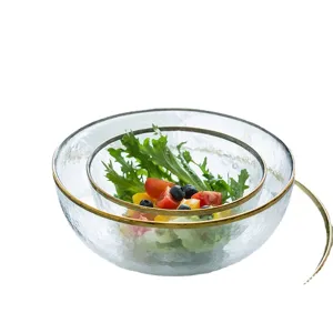 High-quality Japanese style gold-rimmed hammered glass salad bowl set for home use