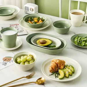 Nordic Ceramic Dinnerware Set Matcha Green Matte Glaze Porcelain Bowl Plate Soup Spoon Wenge Wood Chopsticks Home Modern Tableware Gift