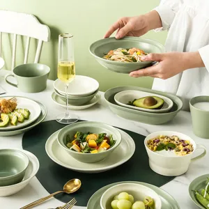 Elegant Nordic green ceramic tableware set for home dining and healthy salad serving