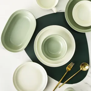 Nordic minimalist green ceramic tableware set including matte finish bowls and plates