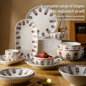 Service de Table Rétro Japonais en Céramique Sous-glaçure Peinte à la Main Porcelaine Florale Bol Assiette Micro-ondes