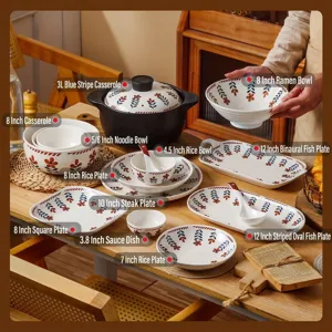 Service de table en céramique japonaise fleurie sur une table en bois