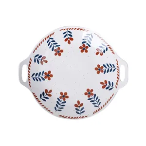 Assiette de service en céramique rétro japonaise avec deux poignées et motif floral