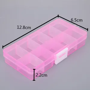 Pink 10-grid plastic storage box for jewelry with dimensions 12.8 x 6.5 x 2.2 cm