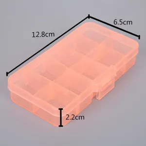 Details of transparent pink 10-compartment jewelry storage box with 12.8x6.5x2.2cm dimensions