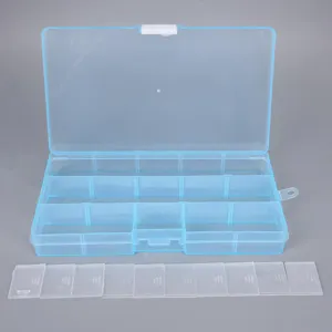 Detail view of blue 15-compartment plastic storage box with removable dividers for jewelry