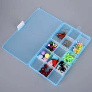 15-compartment transparent blue plastic storage box filled with colorful jewelry beads and accessories