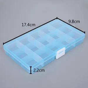 Compact blue transparent 15-compartment plastic organizer box measuring 17.4 x 9.8 x 2.2 cm