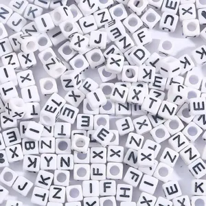 Square white acrylic alphabet beads with black letters for DIY craft and jewelry making