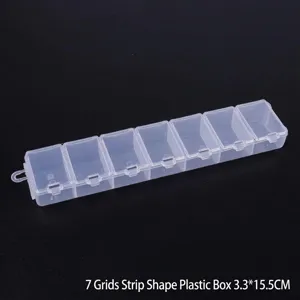 Vista dettagliata della scatola di plastica trasparente a 7 scomparti, 3,3x15,5 cm