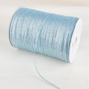 Macro detail showing the texture of light blue glitter metallic ribbon on a spool