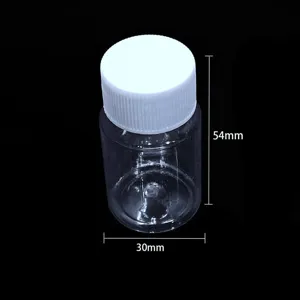 Piccola bottiglia di plastica trasparente con tappo bianco, misure 54mm x 30mm