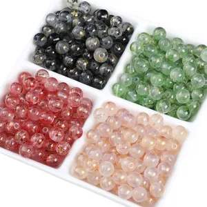 Perles rondes en verre translucide de 8mm et 10mm avec effet d'encre et paillettes d'or