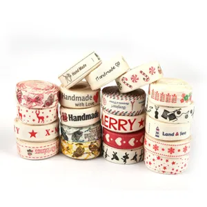 1.5cm wide printed cotton ribbon rolls with various festive and handmade patterns