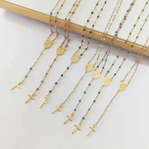 Detailed view of colorful enamel stainless steel religious cross necklaces for women