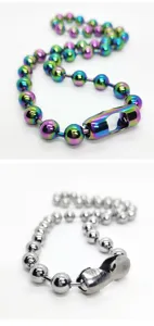 Detail shot of stainless steel ball chains in iridescent and silver finishes.