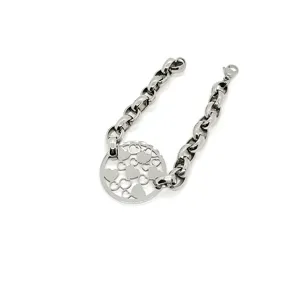 Collana catena grossa in acciaio titanio con pendente circolare a cuori argento