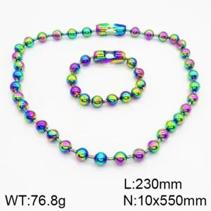 Rainbow iridescent titanium steel ball bead chain necklace and bracelet jewelry set for men women