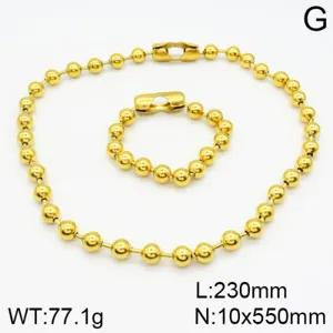 Golden stainless steel ball chain necklace and bracelet jewelry set with size details