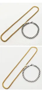 High-quality detail of gold and silver stainless steel box chain necklace and bracelet set