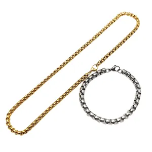 Polished stainless steel box chain necklace and bracelet jewelry set for men and women.