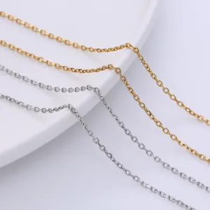 Detailed view of gold and silver faceted cross chains on a white plate