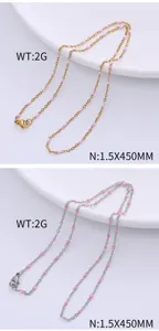 Stainless steel cross chain necklace with pink enamel beads, gold and silver options