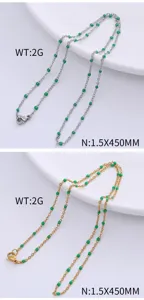 Stainless steel bohemian clavicle chain necklaces with green enamel beads, 450mm long.