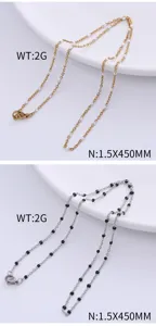 Detail view of gold and silver stainless steel necklaces with enamel beads and size specs.