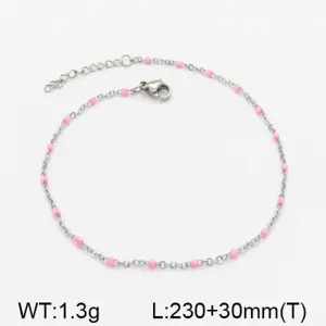 Tobillera de acero inoxidable con cuentas de esmalte rosa y cadena de extensión ajustable