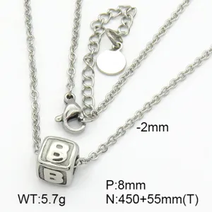 Macro detail of titanium steel necklace with letter B cube pendant and technical specs