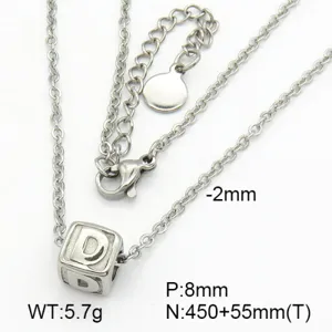 Detailed view of titanium steel necklace with letter D cube pendant and specifications