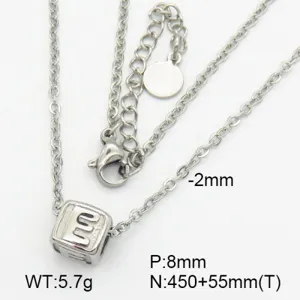 Close-up of titanium steel necklace with initial E square pendant and lobster clasp detail