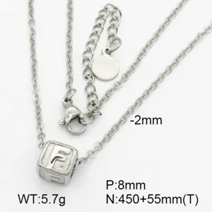 Detailed macro shot of titanium steel necklace featuring letter F cube pendant and dimensions