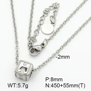 Detail of titanium steel necklace with H-letter cube pendant and size specifications