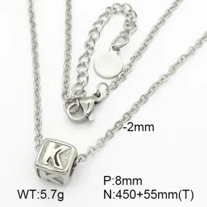 Detailed view of stainless steel necklace featuring a silver initial K cube pendant charms