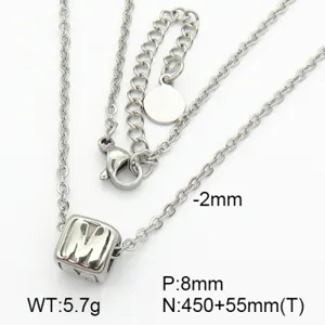 Detail of silver titanium steel necklace with M initial cube pendant and measurements
