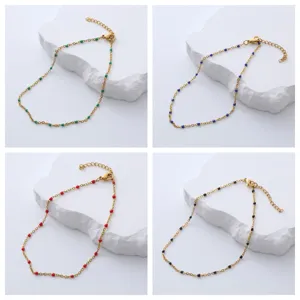Tobillera de Cadena Cruzada con Cuentas de Esmalte de Acero Inoxidable para Mujer Bañado en Oro Multicolor Ajustable Joyería de Pie de Playa