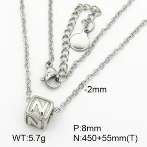 Detailed view of silver titanium steel necklace with letter N cube pendant and dimensions