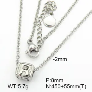 Close-up of titanium steel initial R pendant necklace with technical dimensions