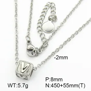 Detailed view of silver titanium steel necklace featuring a 'V' letter cube pendant