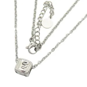 Silver titanium steel necklace featuring a square cube pendant with letter E